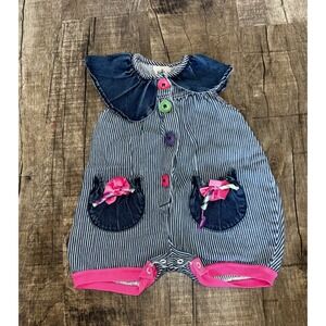 Vintage Baby Girl Stripe Romper Pink Bows Denim Ruffle Collar 18 Months